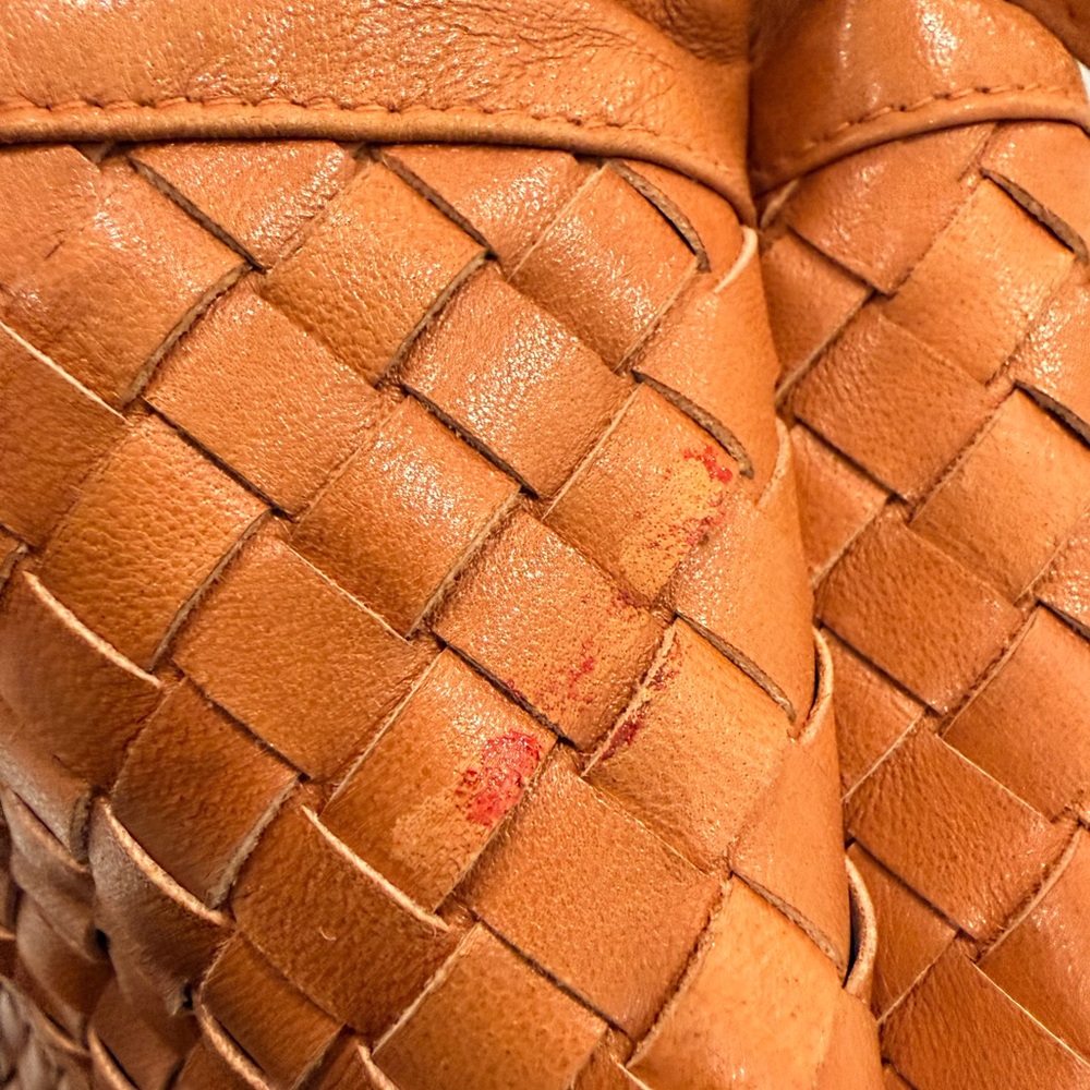 Henri Bendel Tan Woven Leather Bucket Bag with Brown Tassels and Chain Strap - Picture 8 of 11